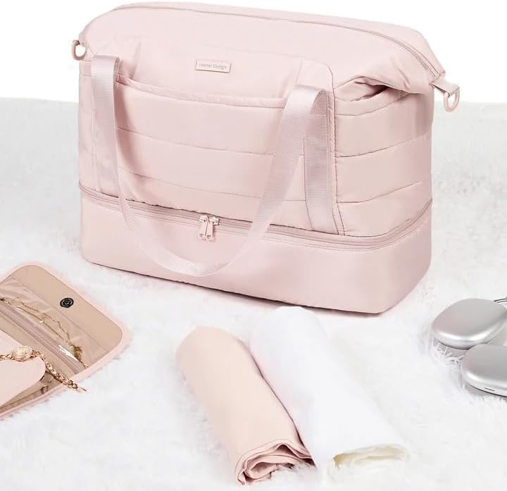 Double-layer Weekender Bags for Women, Personal Item Duffle Bag with Shoes Compartment, Large Capacity Travel Bag, Overnight Luggage Bag with Pocket, Pink