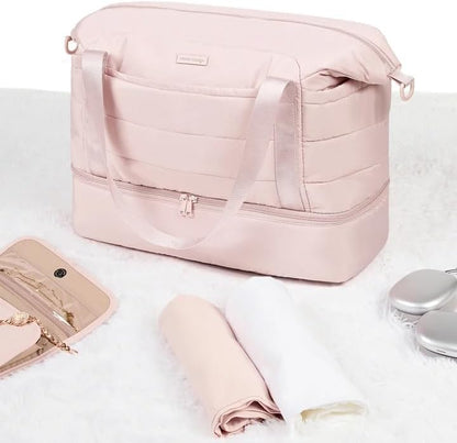Double-layer Weekender Bags for Women, Personal Item Duffle Bag with Shoes Compartment, Large Capacity Travel Bag, Overnight Luggage Bag with Pocket, Pink