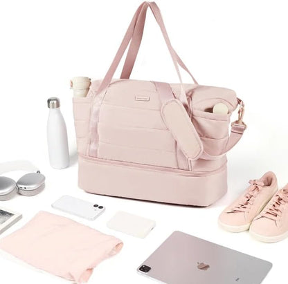 Double-layer Weekender Bags for Women, Personal Item Duffle Bag with Shoes Compartment, Large Capacity Travel Bag, Overnight Luggage Bag with Pocket, Pink