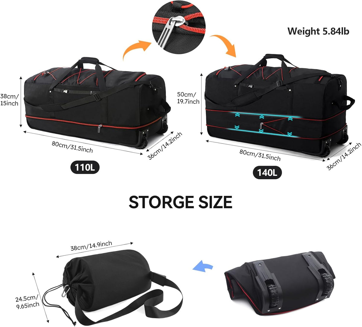 32” 1680D Oxford Foldable Duffle Bag with 2 Wheels,110L to 140L Expandable Soft Sided Rolling Travel Bag,Grey