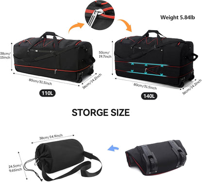 32” 1680D Oxford Foldable Duffle Bag with 2 Wheels,110L to 140L Expandable Soft Sided Rolling Travel Bag,Grey