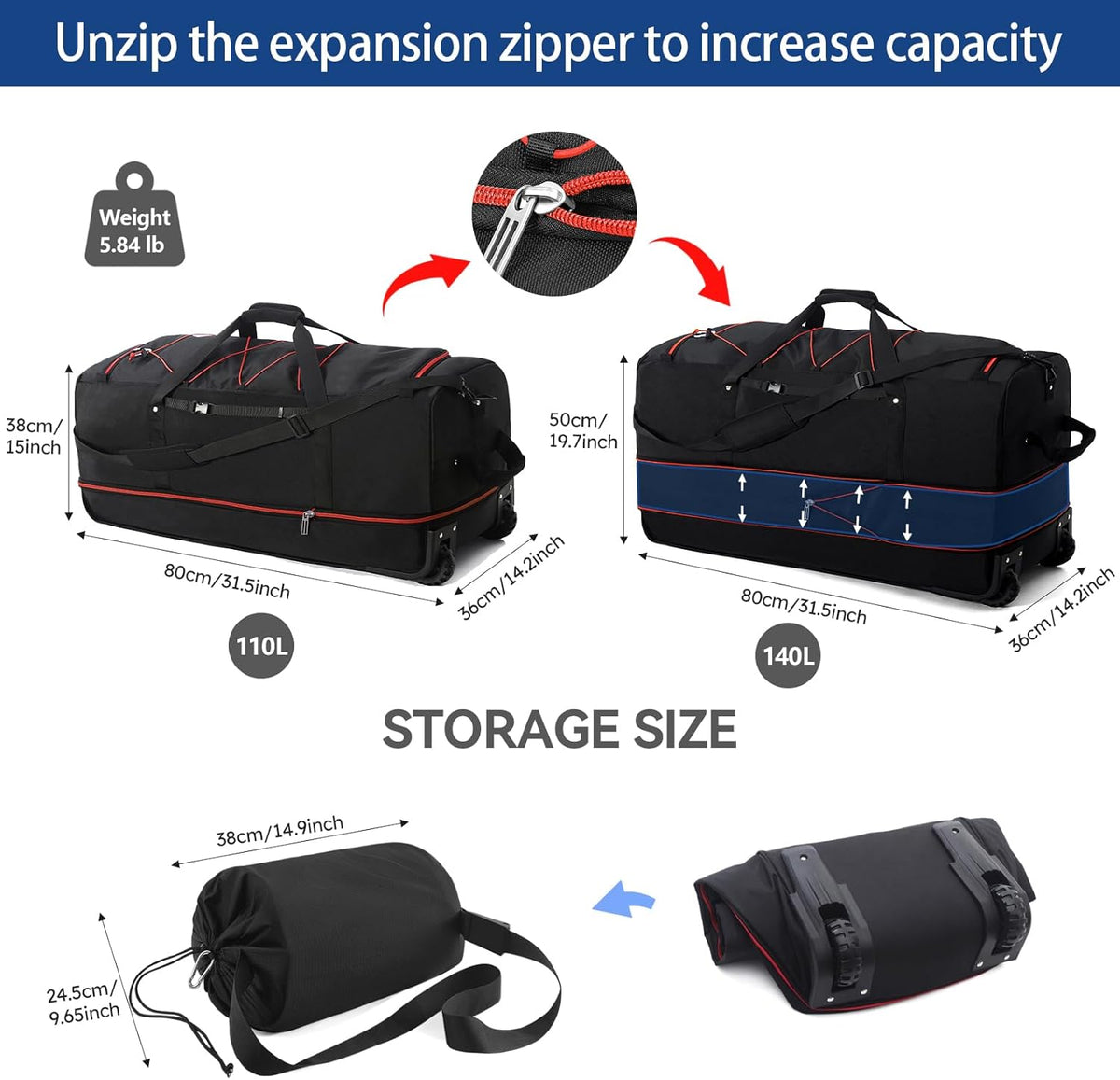 32” 1680D Oxford Foldable Duffle Bag with 2 Wheels,110L to 140L Expandable Soft Sided Rolling Travel Bag,Grey