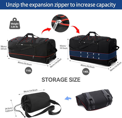 32” 1680D Oxford Foldable Duffle Bag with 2 Wheels,110L to 140L Expandable Soft Sided Rolling Travel Bag,Grey