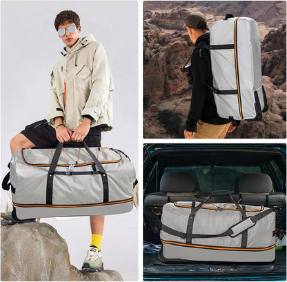32” 1680D Oxford Foldable Duffle Bag with 2 Wheels,110L to 140L Expandable Soft Sided Rolling Travel Bag,Grey
