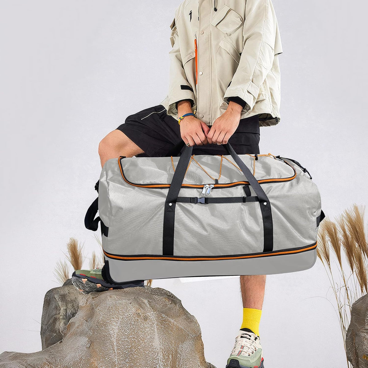 32” 1680D Oxford Foldable Duffle Bag with 2 Wheels,110L to 140L Expandable Soft Sided Rolling Travel Bag,Grey