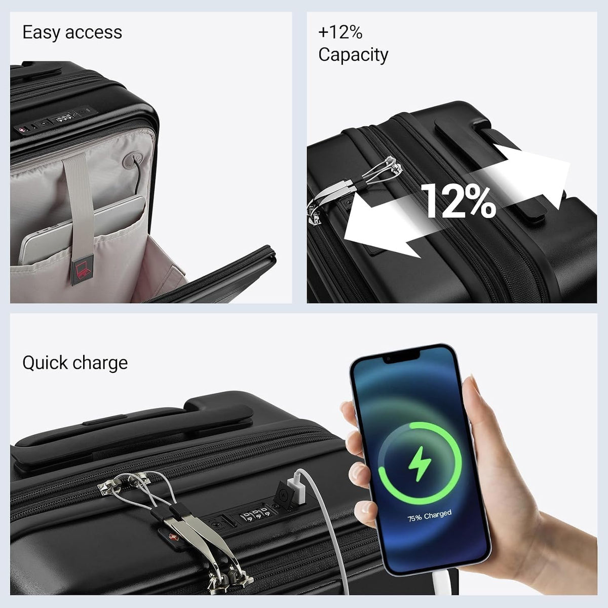 Carry On Luggage with Top Opening, Expandable with Front Pocket and USB Charging Port, Lightweight with Front Compartment Rolling Suitcases with Spinner Wheels