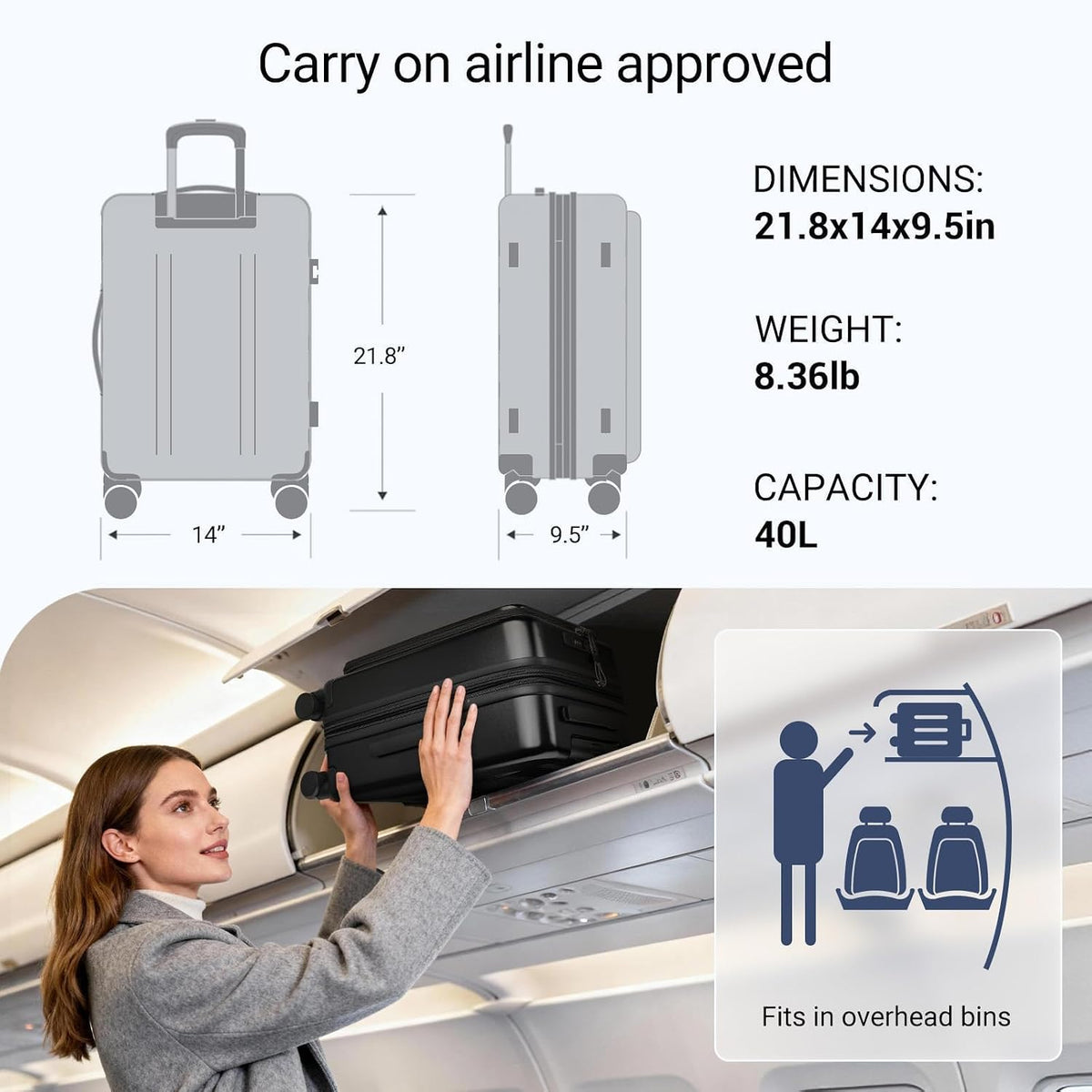 Carry On Luggage with Top Opening, Expandable with Front Pocket and USB Charging Port, Lightweight with Front Compartment Rolling Suitcases with Spinner Wheels