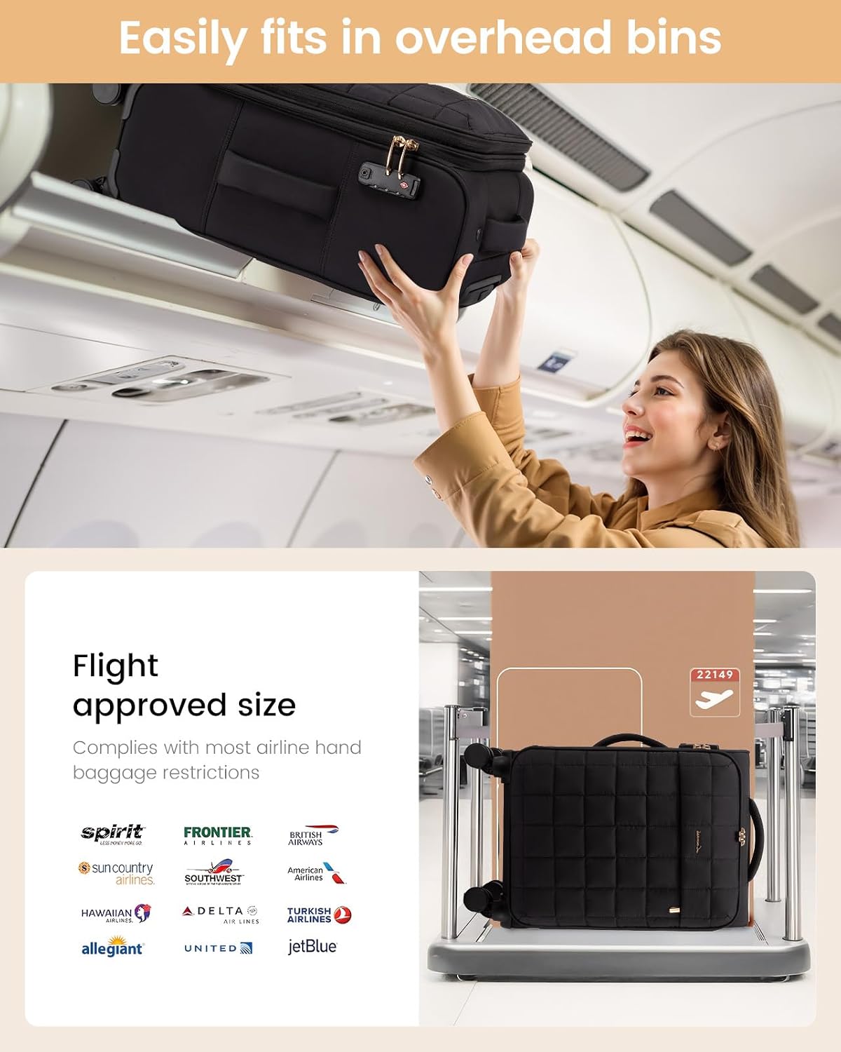 Carry On Luggage 22x14x9 Airline Approved, 20 Inch Softside with Wheels, Lightweight Spinner Suitcase with TSA Lock, Water-Resistant Large Capacity for Travel, Black