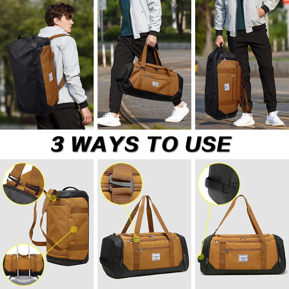 Travel Duffle Bag for men 40L Medium Sports Gym Bag with Wet Pocket & Shoes Compartment Weekender Overnight Backpack for Traveling Duffel Bag Backpack for Women, Khaki