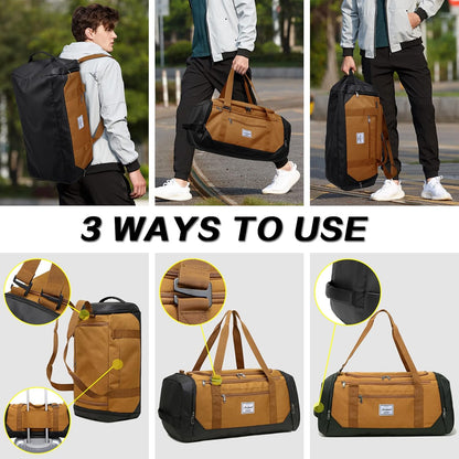 Travel Duffle Bag for men 40L Medium Sports Gym Bag with Wet Pocket & Shoes Compartment Weekender Overnight Backpack for Traveling Duffel Bag Backpack for Women, Khaki