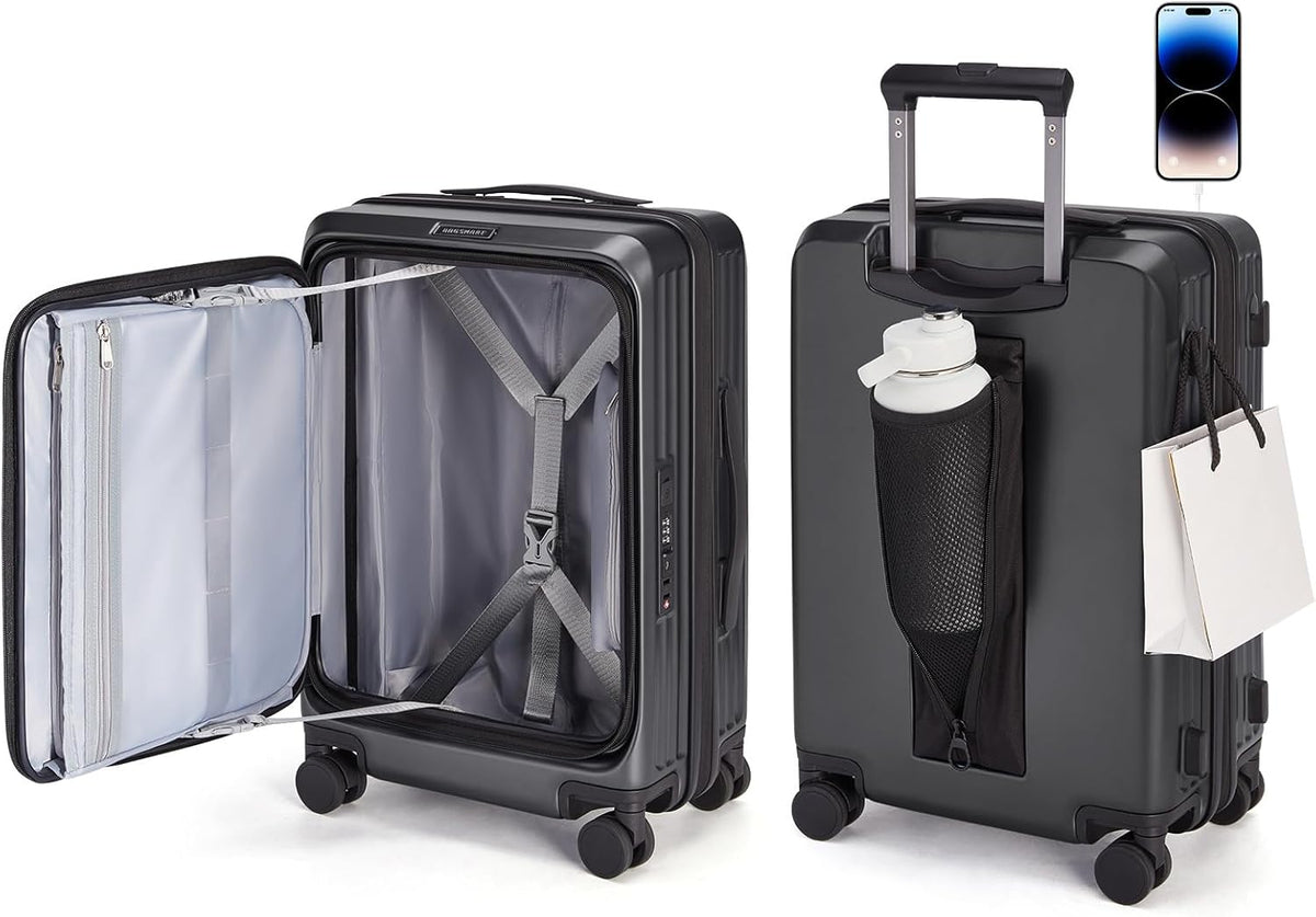 Top Opening Carry On Luggage 22x14x9 Airline Approved with TSA Lock, Expandable 20 Inch Deep Compartment Hard Shell Suitcases with Double Spinner Wheels, Black