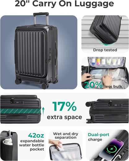 Top Opening Carry On Luggage 22x14x9 Airline Approved with TSA Lock, Expandable 20 Inch Deep Compartment Hard Shell Suitcases with Double Spinner Wheels, Black