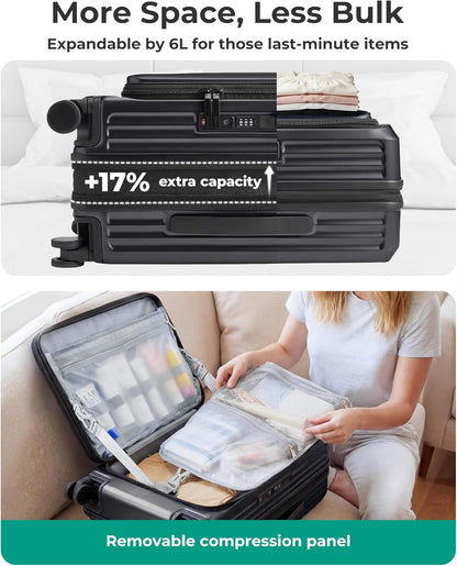 Top Opening Carry On Luggage 22x14x9 Airline Approved with TSA Lock, Expandable 20 Inch Deep Compartment Hard Shell Suitcases with Double Spinner Wheels, Black