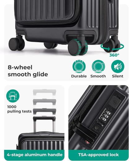 Top Opening Carry On Luggage 22x14x9 Airline Approved with TSA Lock, Expandable 20 Inch Deep Compartment Hard Shell Suitcases with Double Spinner Wheels, Black