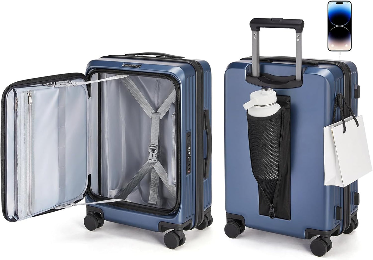 Top Opening Carry On Luggage 22x14x9 Airline Approved with TSA Lock, Expandable 20 Inch Deep Compartment Hard Shell Suitcases with Double Spinner Wheels, Black