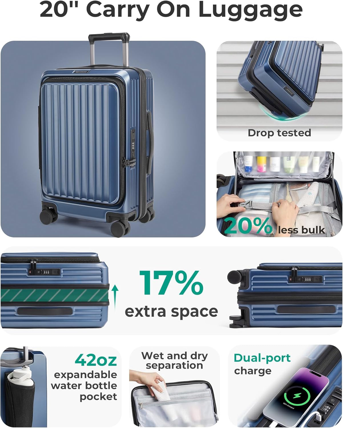 Top Opening Carry On Luggage 22x14x9 Airline Approved with TSA Lock, Expandable 20 Inch Deep Compartment Hard Shell Suitcases with Double Spinner Wheels, Black