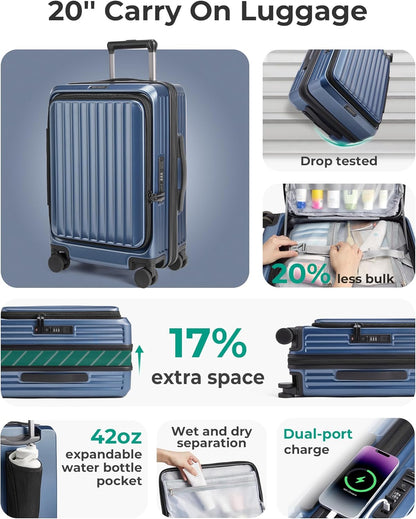 Top Opening Carry On Luggage 22x14x9 Airline Approved with TSA Lock, Expandable 20 Inch Deep Compartment Hard Shell Suitcases with Double Spinner Wheels, Black
