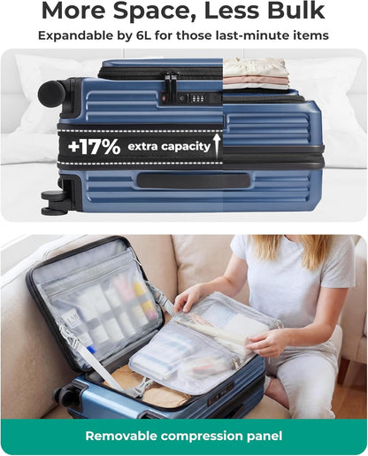 Top Opening Carry On Luggage 22x14x9 Airline Approved with TSA Lock, Expandable 20 Inch Deep Compartment Hard Shell Suitcases with Double Spinner Wheels, Black