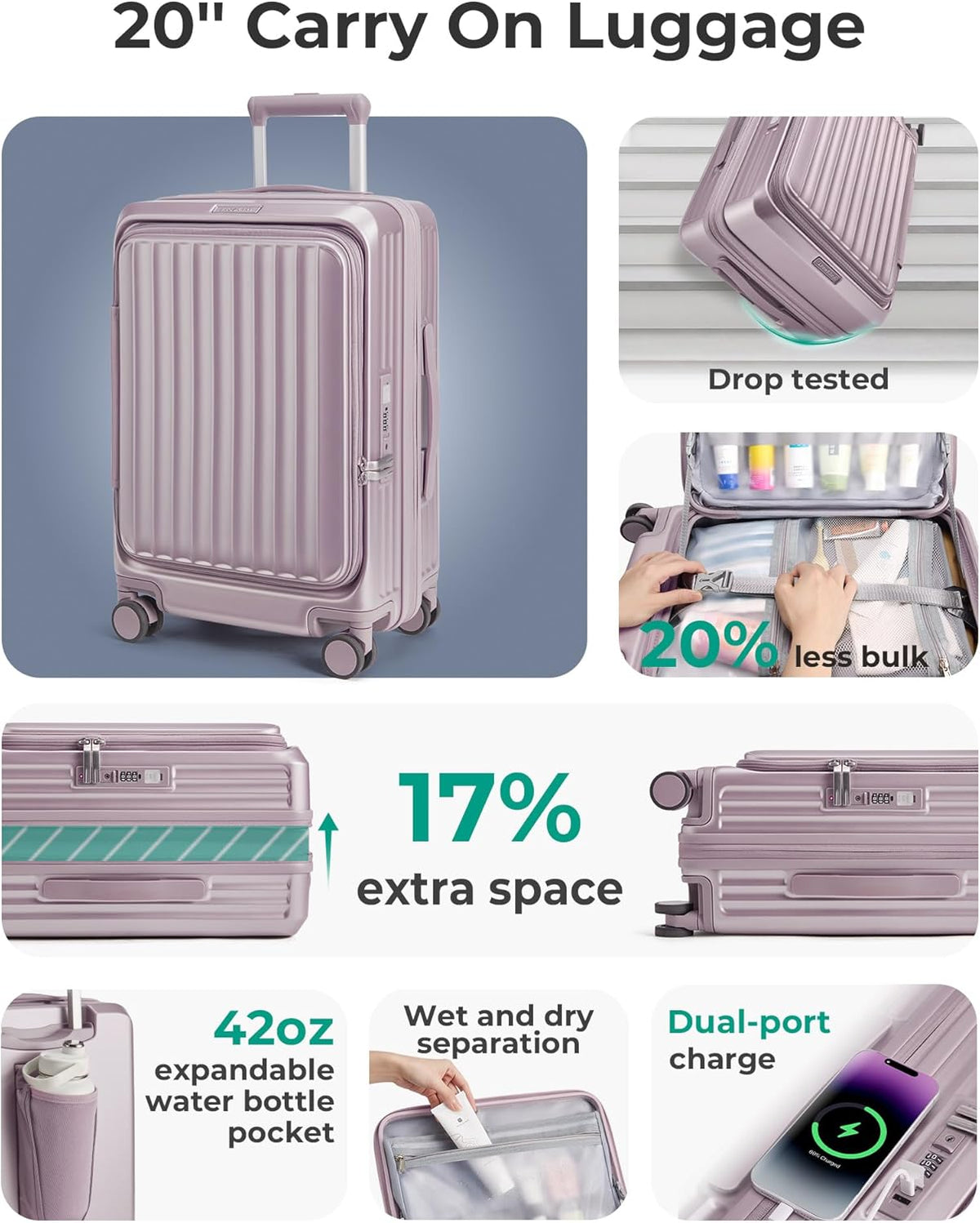 Top Opening Carry On Luggage 22x14x9 Airline Approved with TSA Lock, Expandable 20 Inch Deep Compartment Hard Shell Suitcases with Double Spinner Wheels, Black