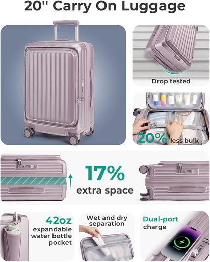 Top Opening Carry On Luggage 22x14x9 Airline Approved with TSA Lock, Expandable 20 Inch Deep Compartment Hard Shell Suitcases with Double Spinner Wheels, Black