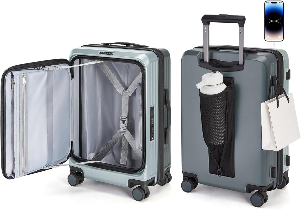 Top Opening Carry On Luggage 22x14x9 Airline Approved with TSA Lock, Expandable 20 Inch Deep Compartment Hard Shell Suitcases with Double Spinner Wheels, Black