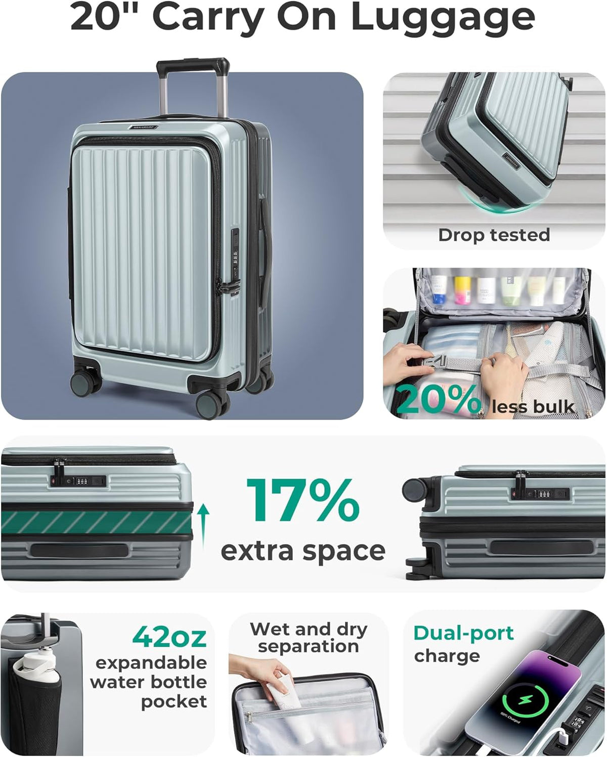 Top Opening Carry On Luggage 22x14x9 Airline Approved with TSA Lock, Expandable 20 Inch Deep Compartment Hard Shell Suitcases with Double Spinner Wheels, Black