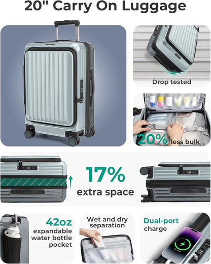 Top Opening Carry On Luggage 22x14x9 Airline Approved with TSA Lock, Expandable 20 Inch Deep Compartment Hard Shell Suitcases with Double Spinner Wheels, Black