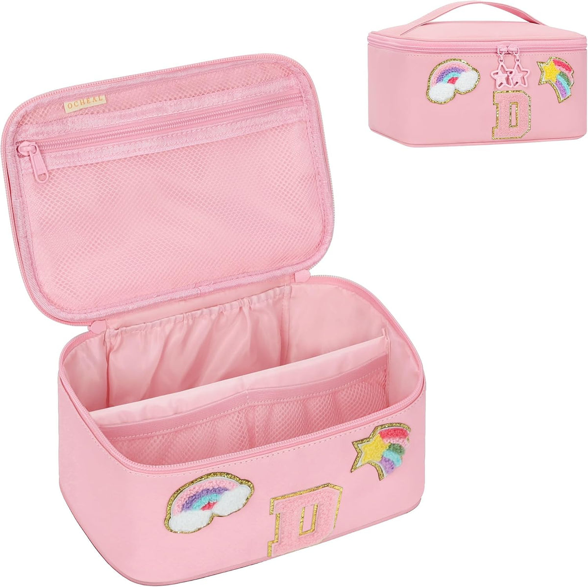 Initial Makeup Bag,Purple Travel Makeup Organizer Case Beauty Toiletry Cosmetic Bag with Rainbow, Trendy Stuff Personalized Gifts for Women and Girls-Q