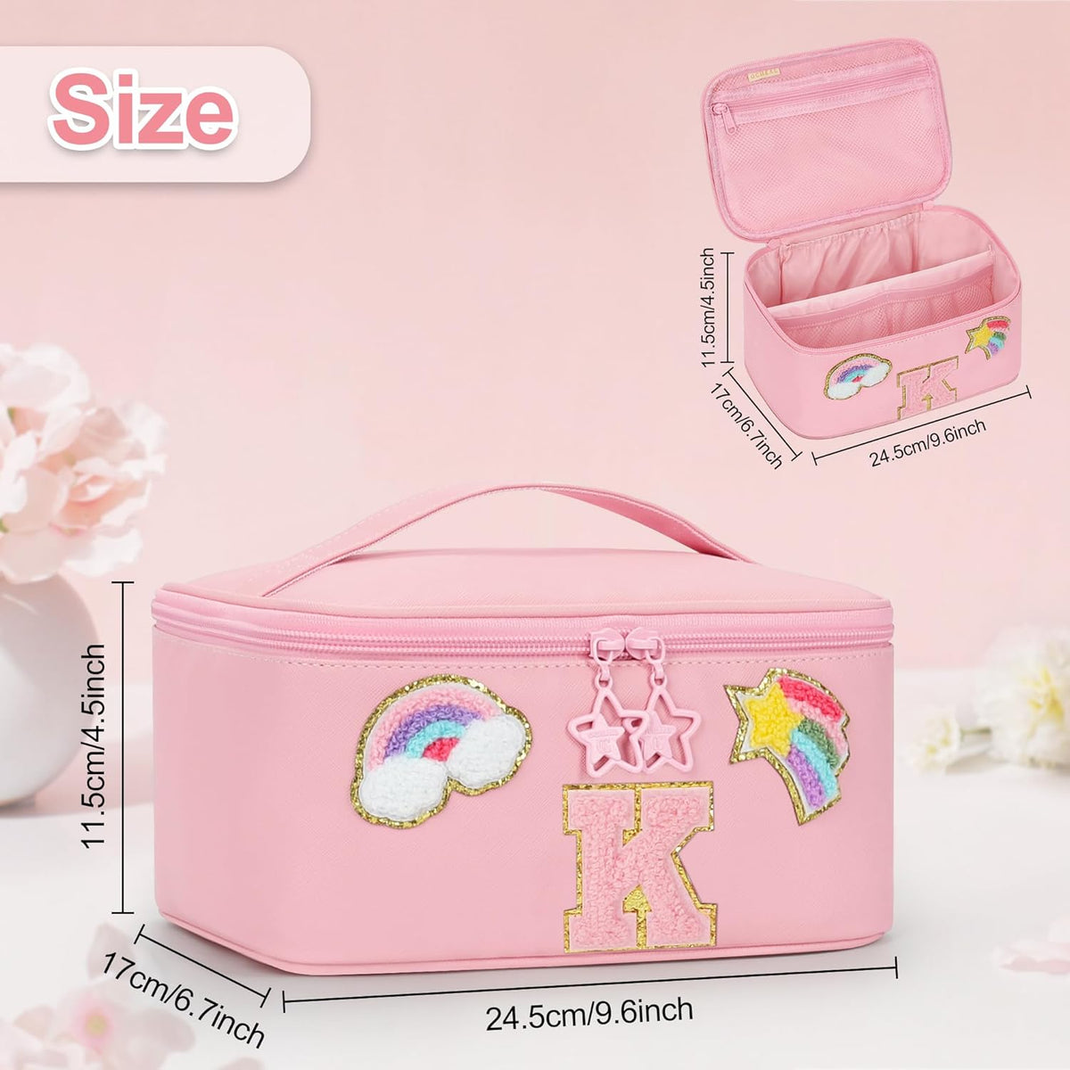 Initial Makeup Bag,Purple Travel Makeup Organizer Case Beauty Toiletry Cosmetic Bag with Rainbow, Trendy Stuff Personalized Gifts for Women and Girls-Q
