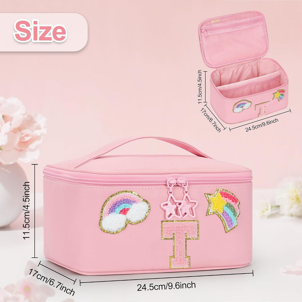Initial Makeup Bag,Purple Travel Makeup Organizer Case Beauty Toiletry Cosmetic Bag with Rainbow, Trendy Stuff Personalized Gifts for Women and Girls-Q