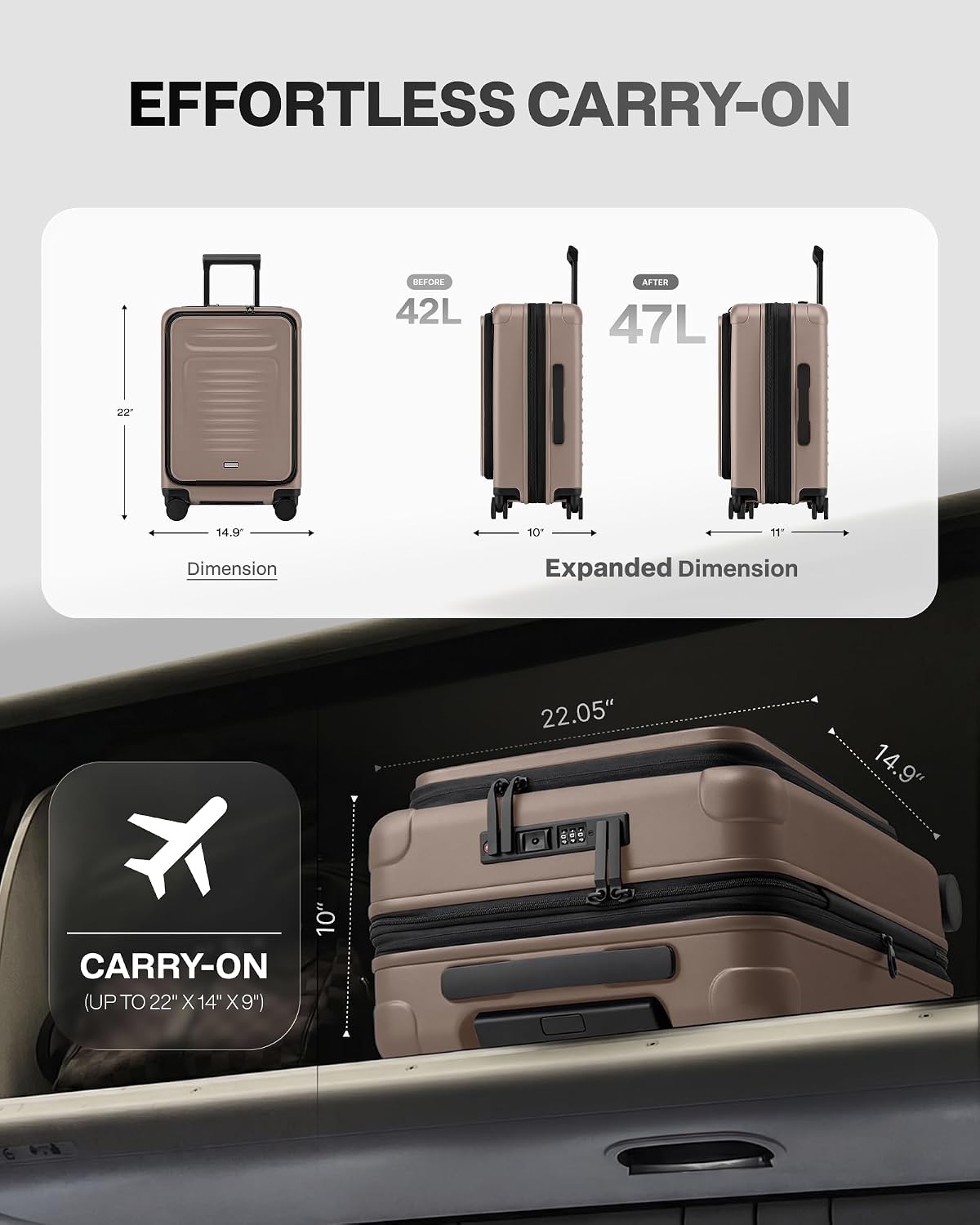 Carry On Luggage Suitcase : 22x14x9 Airline Approved Travel Luggage with Spinner Wheels, Front Pocket Expandable Hardshell Suitcases with TSA Lock Green