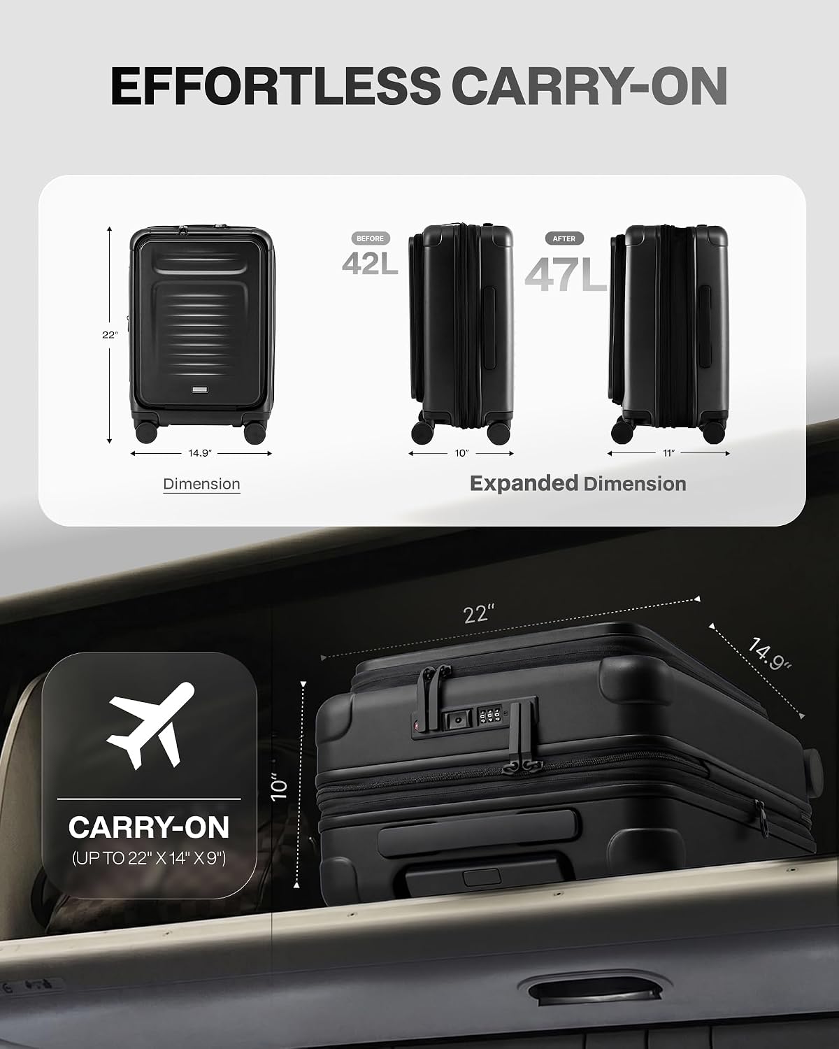 Carry On Luggage Suitcase : 22x14x9 Airline Approved Travel Luggage with Spinner Wheels, Front Pocket Expandable Hardshell Suitcases with TSA Lock Green