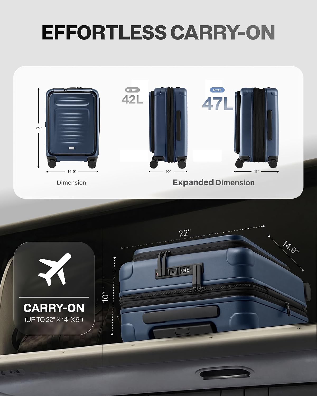 Carry On Luggage Suitcase : 22x14x9 Airline Approved Travel Luggage with Spinner Wheels, Front Pocket Expandable Hardshell Suitcases with TSA Lock Green