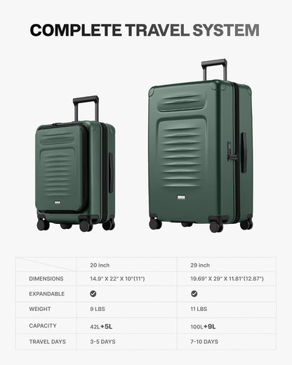 Carry On Luggage Suitcase : 22x14x9 Airline Approved Travel Luggage with Spinner Wheels, Front Pocket Expandable Hardshell Suitcases with TSA Lock Green