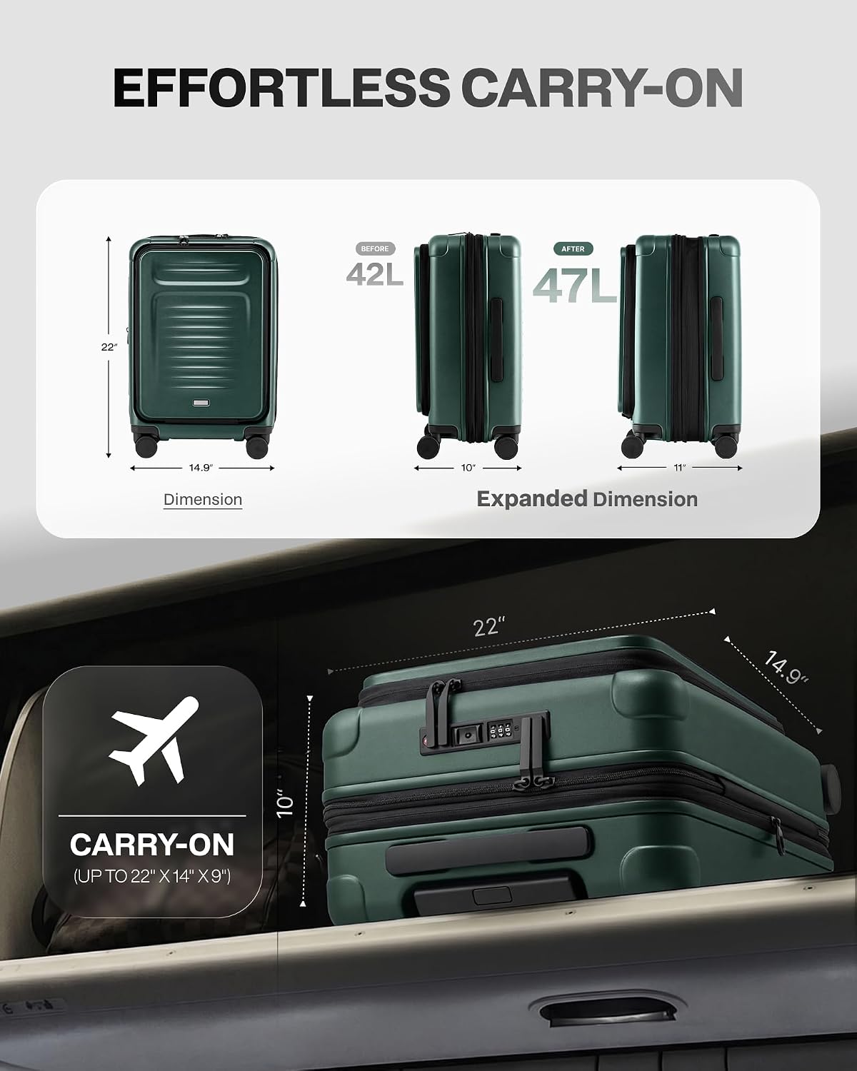 Carry On Luggage Suitcase : 22x14x9 Airline Approved Travel Luggage with Spinner Wheels, Front Pocket Expandable Hardshell Suitcases with TSA Lock Green
