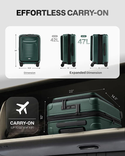 Carry On Luggage Suitcase : 22x14x9 Airline Approved Travel Luggage with Spinner Wheels, Front Pocket Expandable Hardshell Suitcases with TSA Lock Green