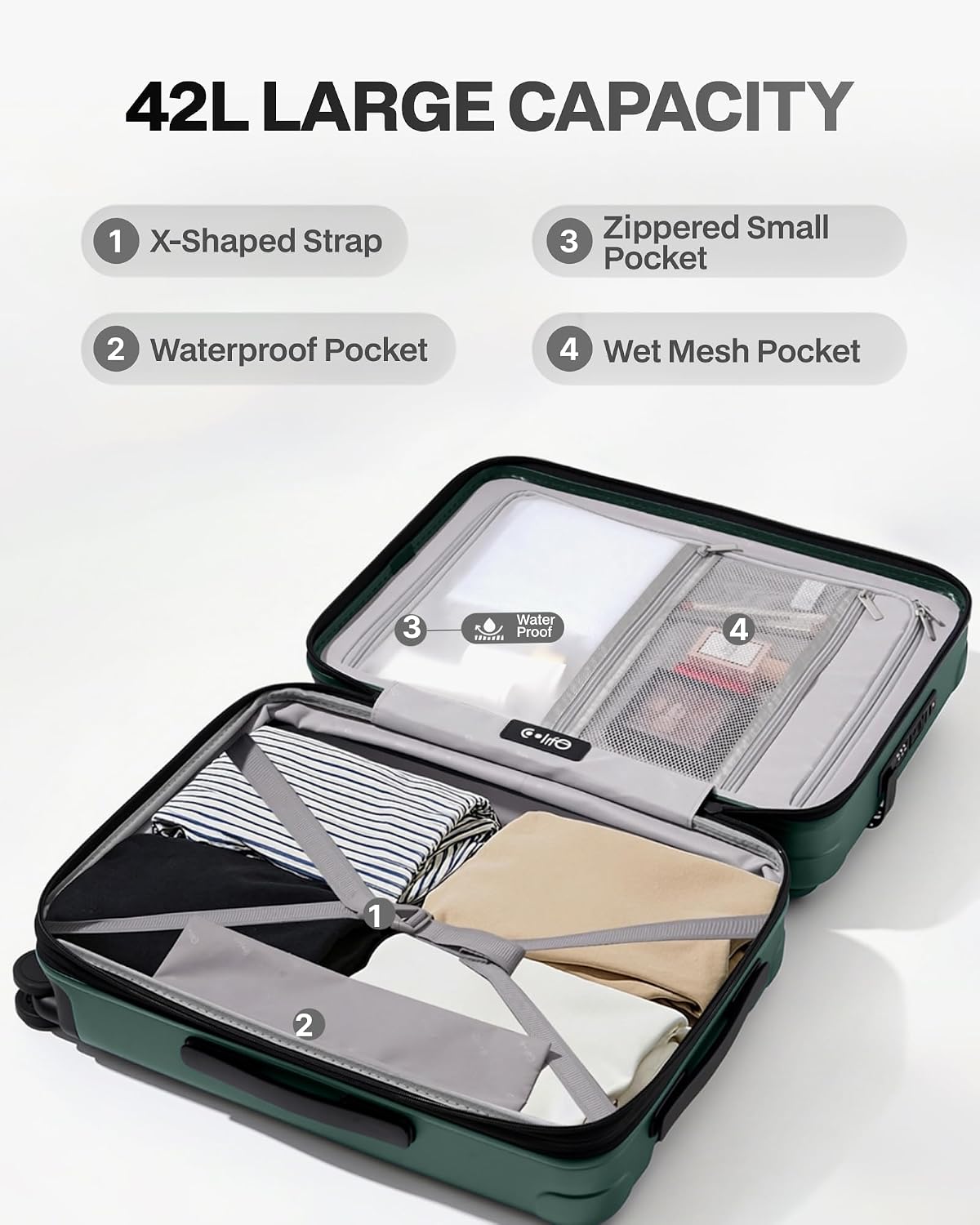 Carry On Luggage Suitcase : 22x14x9 Airline Approved Travel Luggage with Spinner Wheels, Front Pocket Expandable Hardshell Suitcases with TSA Lock Green