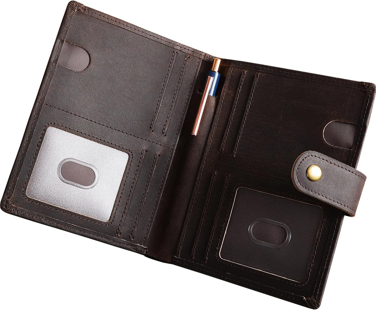 Vitus Full Grain Leather Passport Wallet, Travel Document Organizer with RFID Blocking, Dual Passport Slots, Dual Cash Pockets, Multiple Card Holders, a 60-Page Travel Notebook & Pen Included