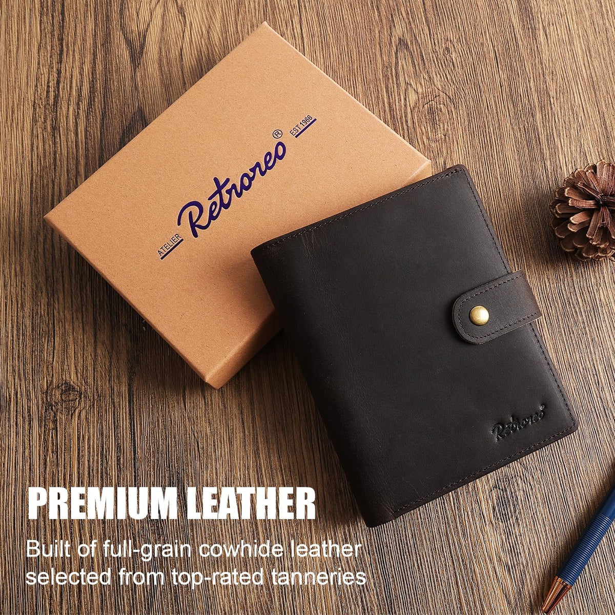 Vitus Full Grain Leather Passport Wallet, Travel Document Organizer with RFID Blocking, Dual Passport Slots, Dual Cash Pockets, Multiple Card Holders, a 60-Page Travel Notebook & Pen Included