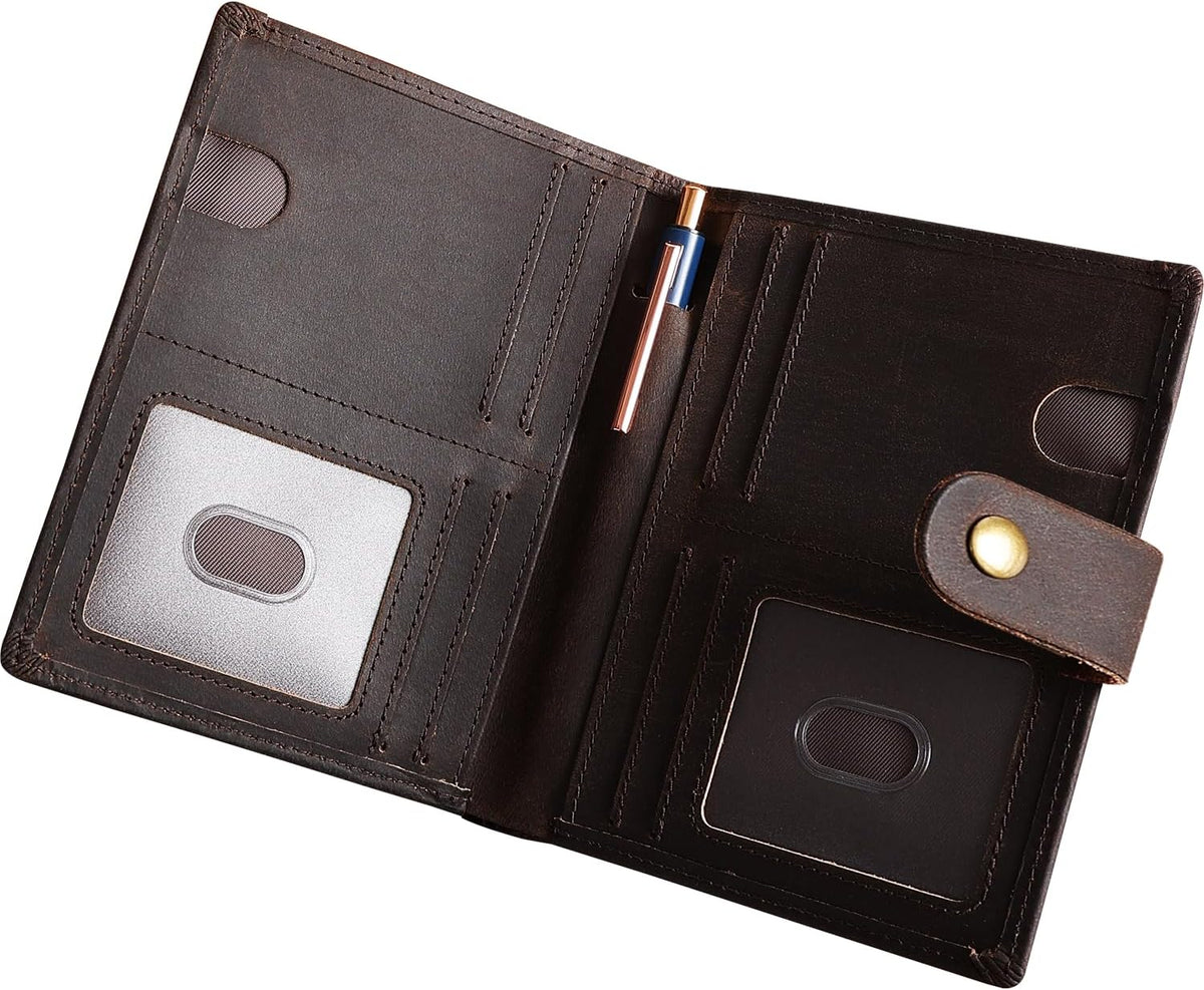Vitus Full Grain Leather Passport Wallet, Travel Document Organizer with RFID Blocking, Dual Passport Slots, Dual Cash Pockets, Multiple Card Holders, a 60-Page Travel Notebook & Pen Included