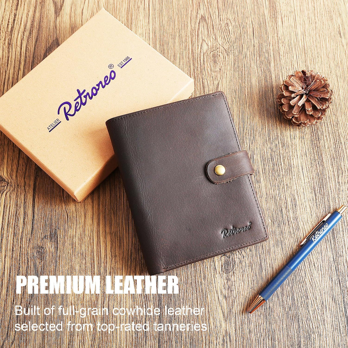 Vitus Full Grain Leather Passport Wallet, Travel Document Organizer with RFID Blocking, Dual Passport Slots, Dual Cash Pockets, Multiple Card Holders, a 60-Page Travel Notebook & Pen Included