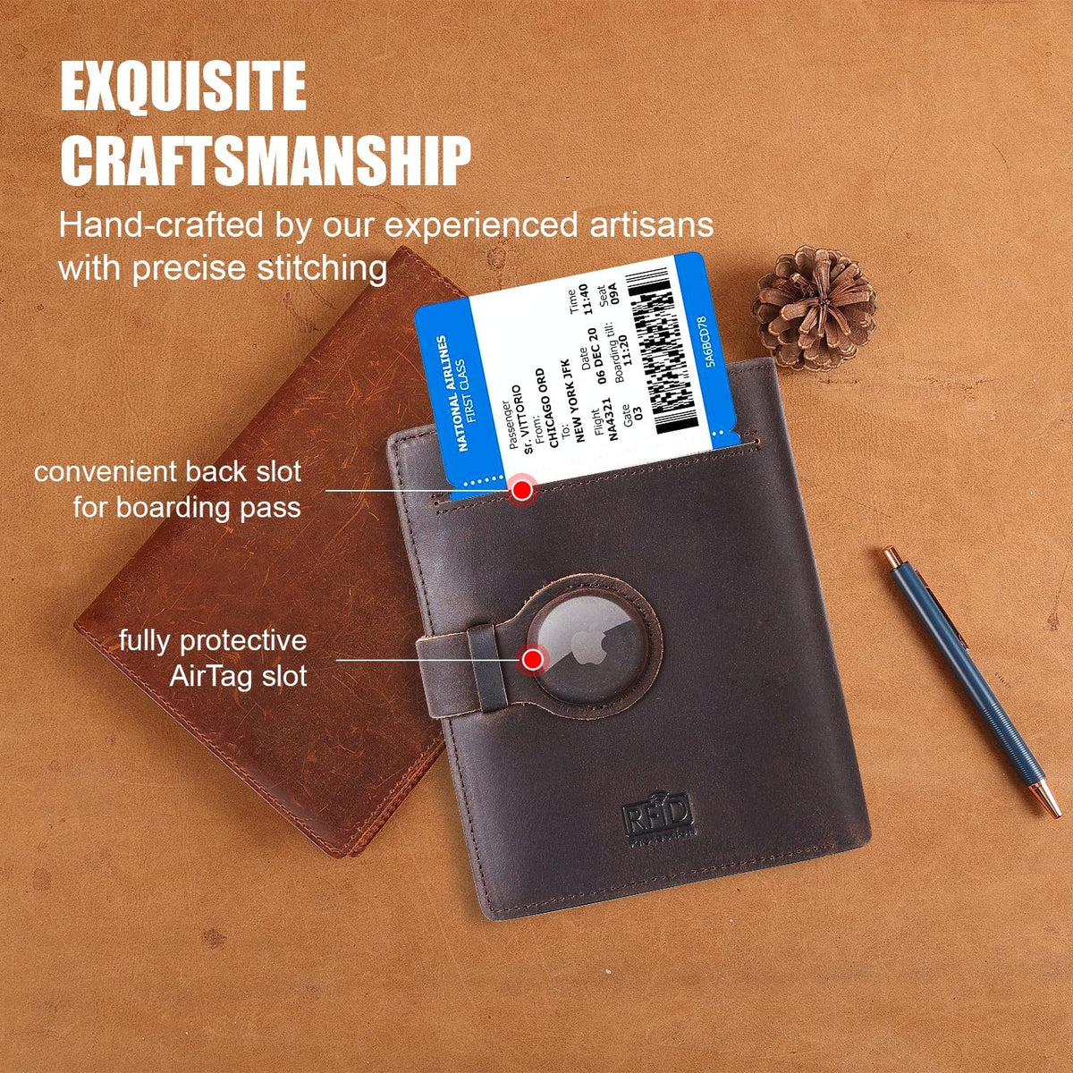 Vitus Full Grain Leather Passport Wallet, Travel Document Organizer with RFID Blocking, Dual Passport Slots, Dual Cash Pockets, Multiple Card Holders, a 60-Page Travel Notebook & Pen Included