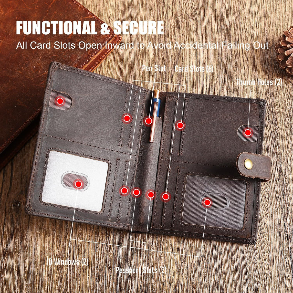 Vitus Full Grain Leather Passport Wallet, Travel Document Organizer with RFID Blocking, Dual Passport Slots, Dual Cash Pockets, Multiple Card Holders, a 60-Page Travel Notebook & Pen Included