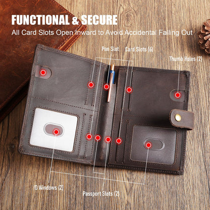Vitus Full Grain Leather Passport Wallet, Travel Document Organizer with RFID Blocking, Dual Passport Slots, Dual Cash Pockets, Multiple Card Holders, a 60-Page Travel Notebook & Pen Included