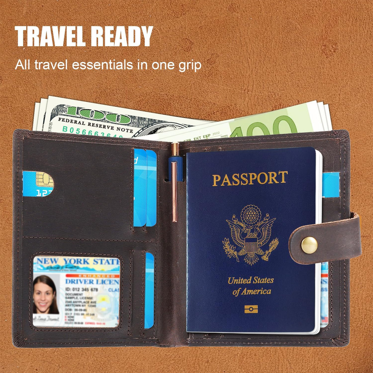 Vitus Full Grain Leather Passport Wallet, Travel Document Organizer with RFID Blocking, Dual Passport Slots, Dual Cash Pockets, Multiple Card Holders, a 60-Page Travel Notebook & Pen Included