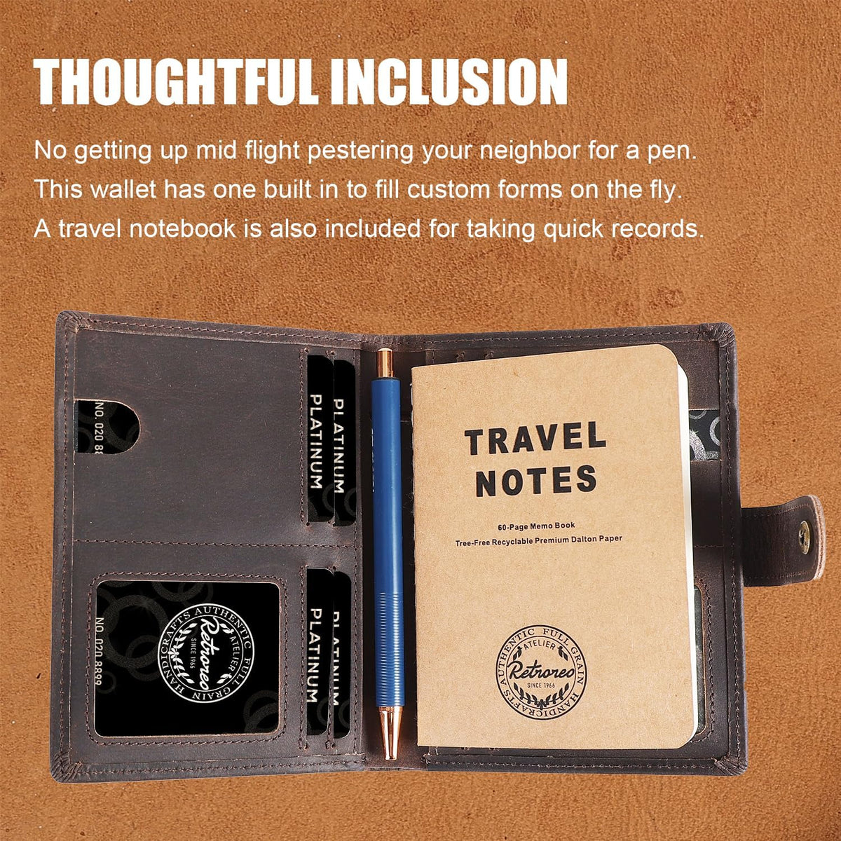 Vitus Full Grain Leather Passport Wallet, Travel Document Organizer with RFID Blocking, Dual Passport Slots, Dual Cash Pockets, Multiple Card Holders, a 60-Page Travel Notebook & Pen Included