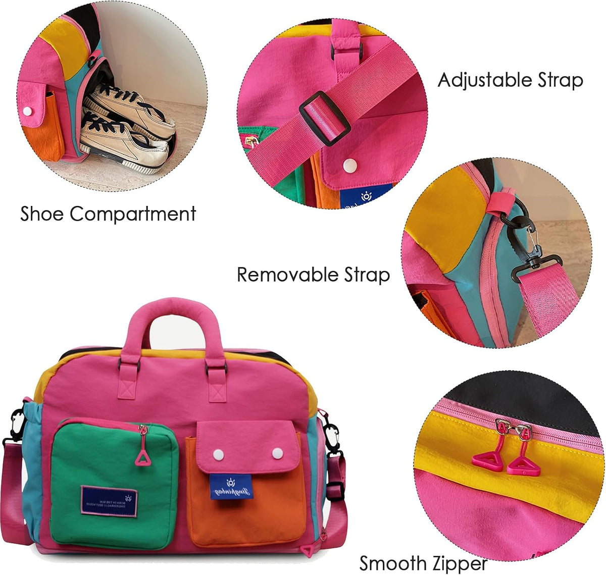 Expandable Block-Color Carry-on Travel Tote Bag with Shoe & Wet Pocket | Weekender with Luggage Sleeve, Under the Seat Personal Item Bag, Dopamine Color, Multiple Pockets, Duffle with Cup Holder