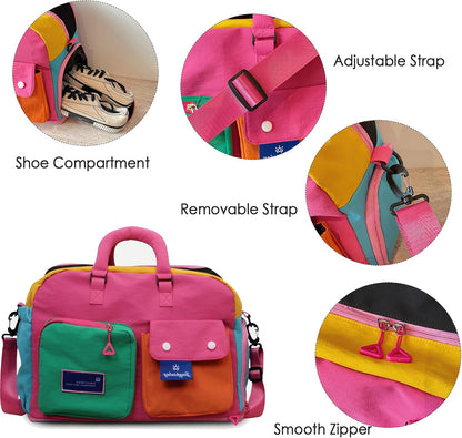 Expandable Block-Color Carry-on Travel Tote Bag with Shoe & Wet Pocket | Weekender with Luggage Sleeve, Under the Seat Personal Item Bag, Dopamine Color, Multiple Pockets, Duffle with Cup Holder