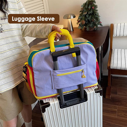 Expandable Block-Color Carry-on Travel Tote Bag with Shoe & Wet Pocket | Weekender with Luggage Sleeve, Under the Seat Personal Item Bag, Dopamine Color, Multiple Pockets, Duffle with Cup Holder