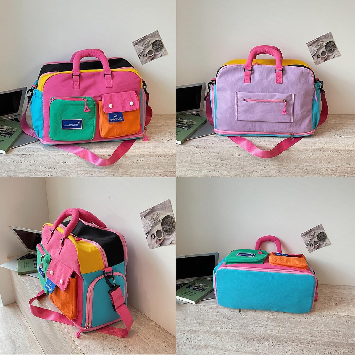 Expandable Block-Color Carry-on Travel Tote Bag with Shoe & Wet Pocket | Weekender with Luggage Sleeve, Under the Seat Personal Item Bag, Dopamine Color, Multiple Pockets, Duffle with Cup Holder